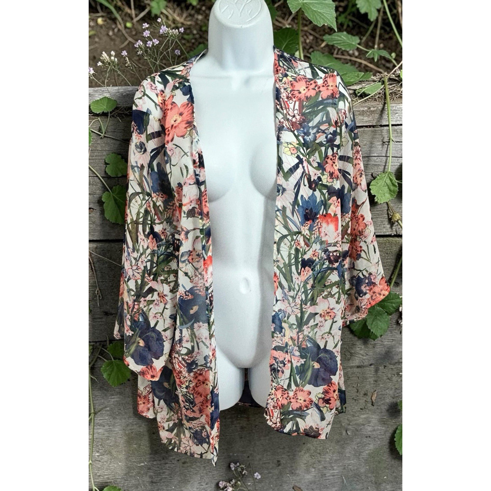 Shop Wanna B Floral Kimono Open Top Sz M Bell 3/4 Sleeve Semi Sheer Blouse